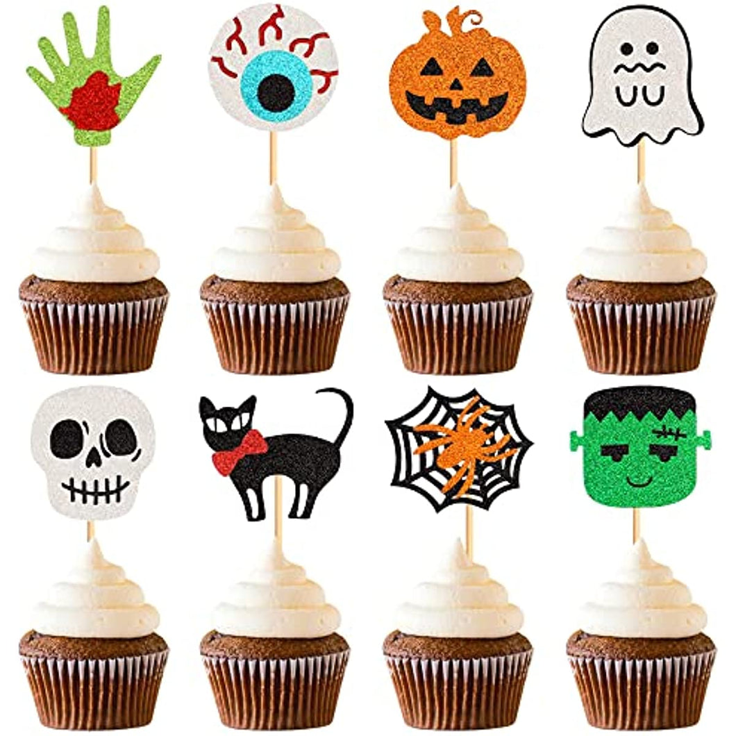 32 pcs Halloween Ghost Boo Glitter Cupcake Toppers Ghost Boo 32 Pack Cupcake Topper muffin for Halloween, Birthday Decoration Party Supply(Eye Ball）
