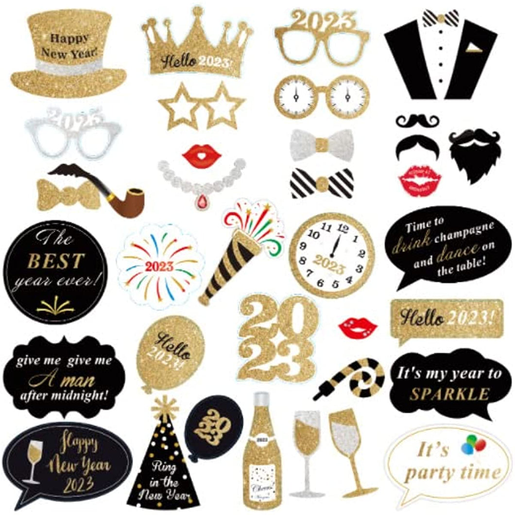 36 Pcs New Years Eve Photo Booth Props- 2023 New Years Eve Party Decorations, Glitter Cardstock Decorations Kit, New Years Eve Backdrop 2023 Supplies Decor(36pcs Crown)