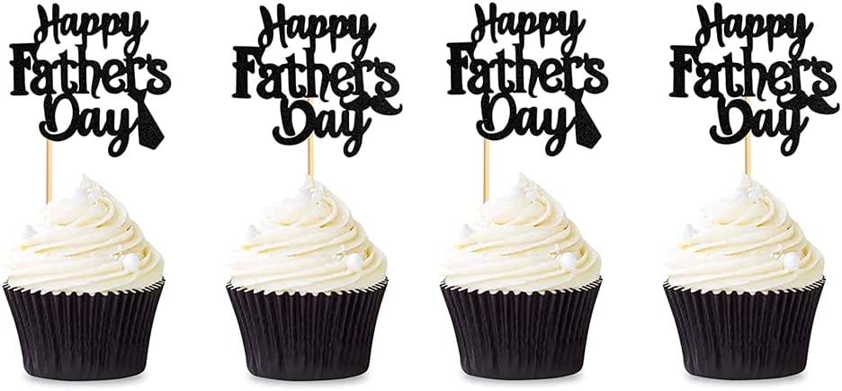 30 pcs Father's Day Cupcake Topper Black Glitter Happy Father's Day Best Dad Ever Cupcake Topper Birthday Party Cake Decorations Toppers Picks for Father's Birthday Party Supply