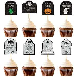 24 pcs Halloween Tombstone Cupcake Toppers Gravestone Cake Toppers Ghost Boo Glitter Trick or Treat Cupcake Topper muffin for Halloween, Birthday Decoration Party Supply (Tombstone)