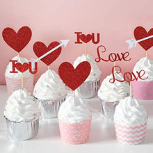 Load image into Gallery viewer, 24pcs Red Heart Cupcake topper Glitter Red Heart Cupake Toppers Picks Cake Topper Decoration for Sweet Love Theme Wedding Engagement,Valentine&#39;s Day Bridal Shower Party Cake Decors (24pcs Red heart)