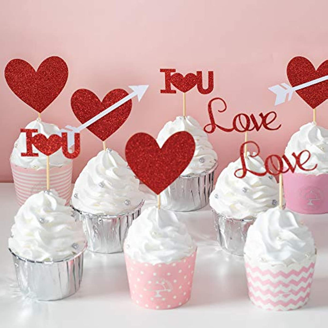 24pcs Red Heart Cupcake topper Glitter Red Heart Cupake Toppers Picks Cake Topper Decoration for Sweet Love Theme Wedding Engagement,Valentine's Day Bridal Shower Party Cake Decors (24pcs Red heart)