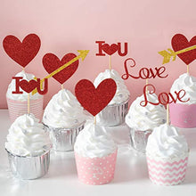 Load image into Gallery viewer, 24pcs Red Heart Cupcake topper Glitter Red Heart Cupake Toppers Picks Cake Topper Decoration for Sweet Love Theme Wedding Engagement,Valentine&#39;s Day Bridal Shower Party Cake Decors (24pcs Red Gold heart)