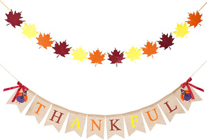 Thanksgiving Banner Fall Decorations Burlap Thankful Banner Happy Fall Banner with Felt Maple Leaves Garland Banner (Thanksgiving)