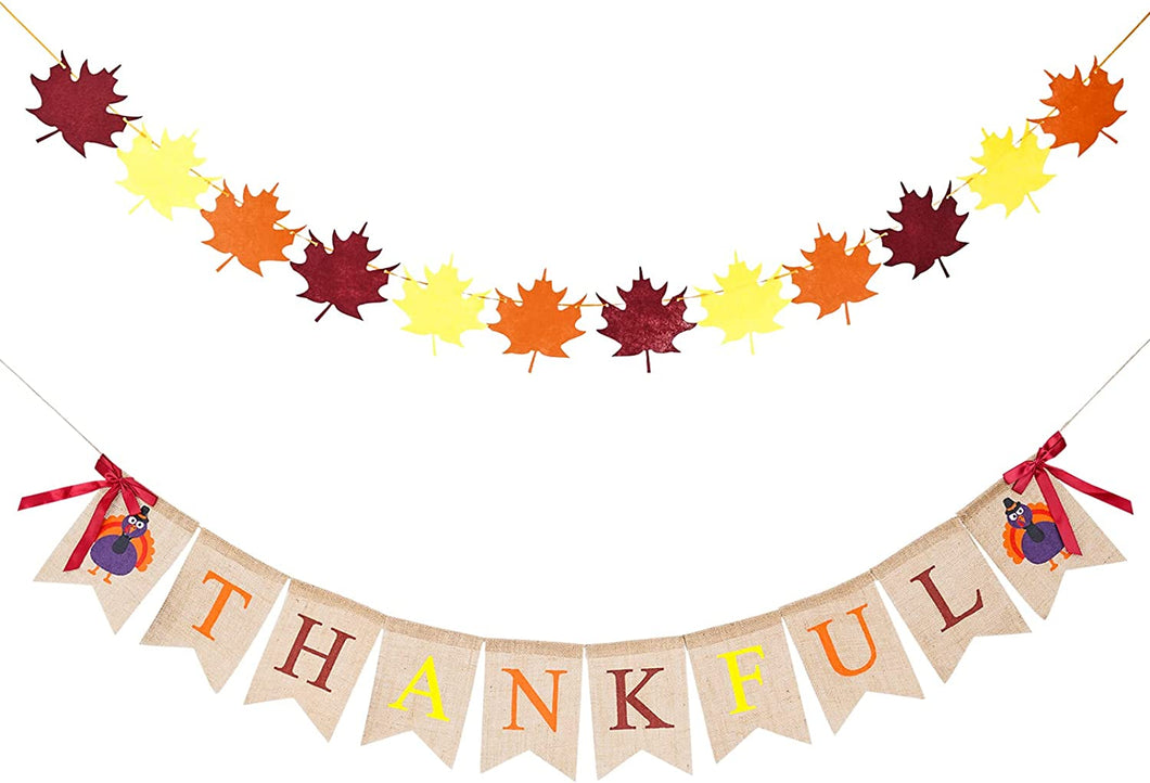 Thanksgiving Banner Fall Decorations Burlap Thankful Banner Happy Fall Banner with Felt Maple Leaves Garland Banner (Thanksgiving)