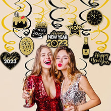 Load image into Gallery viewer, 48 pcs Happy New Years Eve Hanging Swirl Decorations, 2023 NYE Glitter Gold Black Decor, NY Theme Party Supplies Pack, Eve-Nye Party Favors for Adult, Foil Home Decorating Kit (Star WoW)