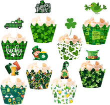 Load image into Gallery viewer, 64 PCS Green Shamrock Cupcake Toppers and Cupcake Wrapper for St Patrick&#39;s Day Party Birthday Party Baby Shower Wedding Party Decorations (green)