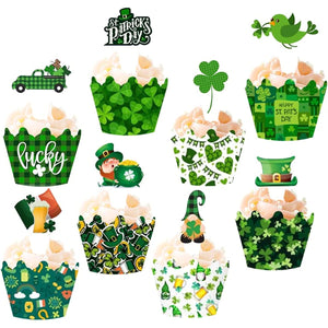 64 PCS Green Shamrock Cupcake Toppers and Cupcake Wrapper for St Patrick's Day Party Birthday Party Baby Shower Wedding Party Decorations (green)
