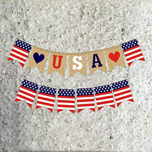 Load image into Gallery viewer, USA Flag American Burlap Banner Independence Day Party Decor White and Blue Stars Banner for 4th of July Decor