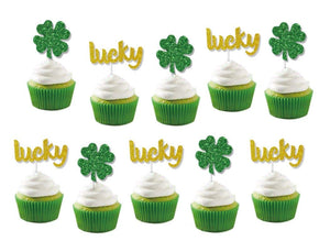 36 PCS Green Glitter Shamrock Cupcake Toppers Gold Glitter Lucky Cupcake Toppers Clover Cupcake Toppers for St Patrick's Day Party Birthday Party Baby Shower Wedding Party Decorations (36pcs)