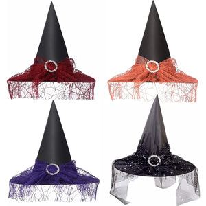 4 pcs Halloween Witch Hat Halloween Vintage Witch Hat, See-Through Lace Veils Printed Hats Party Supplies Halloween Costume Accessories (4 color)
