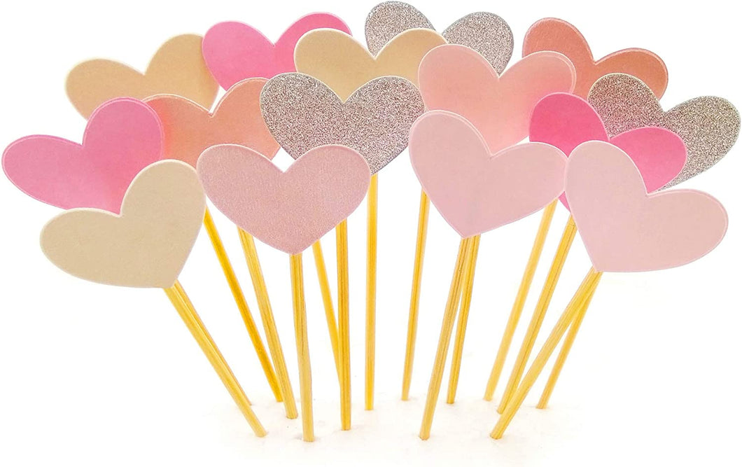 Cupcake Toppers 30Pcs Set, GUGUJI Funny Pink Heart DIY Glitter Mini Birthday Cake Snack Decorations Picks Suppliers Party Accessories for Wedding and Baby Shower