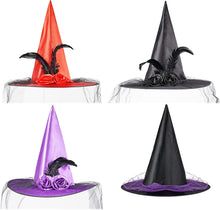 Load image into Gallery viewer, 4 pcs Halloween Witch Hat Party Witch Decor w. Soft Lace Meshed Rose Flower and Black Feather Halloween Costume Accessories