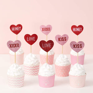 24pcs Red Heart Cupcake topper Glitter Red Pink Cupake Toppers Picks Cake Topper Decoration for Sweet Love Theme Wedding Engagement,Valentine's Day Bridal Shower Party Cake Decors