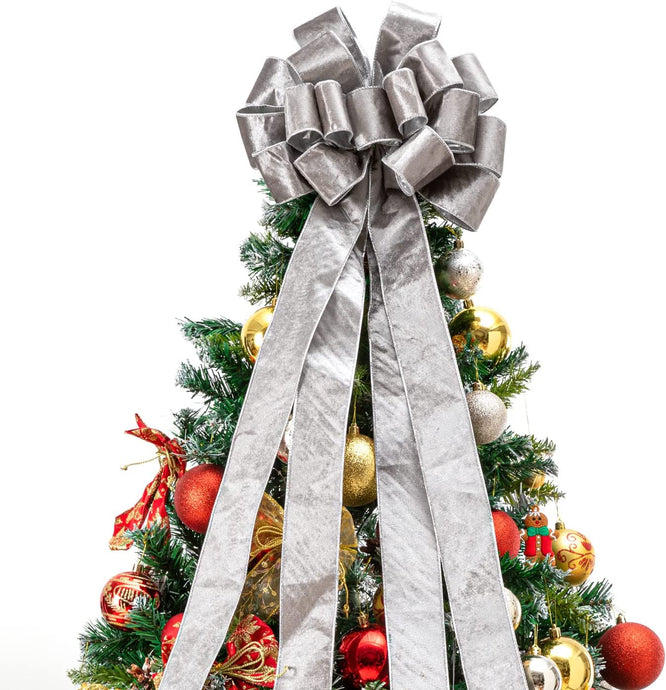 Christmas Tree Topper,Christmas Tree Bow Topper 48x13 Inches Large Toppers Gift Bow Tree Topper Bow Handmade Decoration for Wreaths Tree Toppers (Silver)