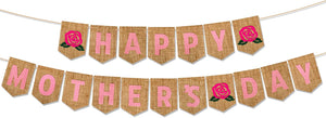 HOWAF Mother's Day Party Decorations Banner, Happy Mother's Day Burlap Banner for Mom's Birthday Party Photo Backdrop Prop, Pink Floral Mother's Day Hanging Bunting Banner Party Supplies