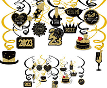 Load image into Gallery viewer, 48 pcs Happy New Years Eve Hanging Swirl Decorations, 2023 NYE Glitter Gold Black Decor, NY Theme Party Supplies Pack, Eve-Nye Party Favors for Adult, Foil Home Decorating Kit (Star WoW)