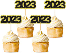 Load image into Gallery viewer, 30 Pcs Glitter Happy New Year Cupcake Toppers 2023 Gold Black Cupcake topper Cheers to 2023 Cake Picks for New Years Eve Party Decoration (Hello)