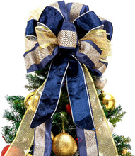 Load image into Gallery viewer, Christmas Tree Topper,Christmas Tree Bow Topper 33x13 Inches Large Toppers Gift Bow Tree Topper Bow Handmade Decoration for Wreaths Tree Toppers (Blue Gold)