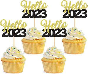 30 Pcs Glitter Happy New Year Cupcake Toppers 2023 Gold Black Cupcake topper Cheers to 2023 Cake Picks for New Years Eve Party Decoration (Hello)