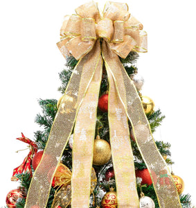 Christmas Tree Topper, Christmas Tree Bow Topper 43x13 Inches Large Toppers Gift Bow Tree Topper Bow Handmade Decoration for Wreaths Tree Toppers (Gold Snow Double Side Bow)