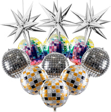 Load image into Gallery viewer, 12 PCS Disco Ball Balloons, 22 inches Explosion Star Foil Balloons for New Year,70s 80s 90s Theme Party, Birthday, Bachelorette Party, Disco Party Decorations Supplies (Silver Star&amp; Disco Balloons)