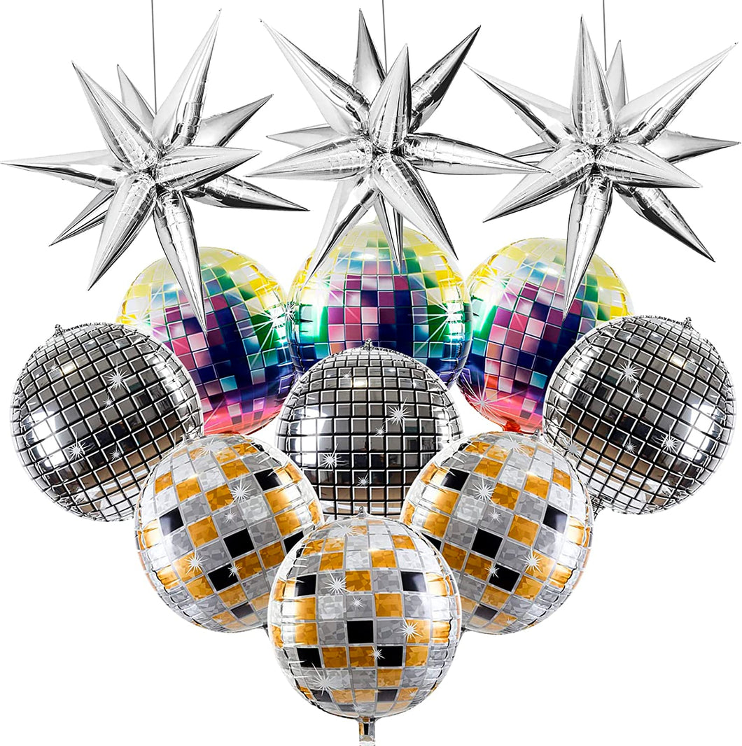 12 PCS Disco Ball Balloons, 22 inches Explosion Star Foil Balloons for New Year,70s 80s 90s Theme Party, Birthday, Bachelorette Party, Disco Party Decorations Supplies (Silver Star& Disco Balloons)
