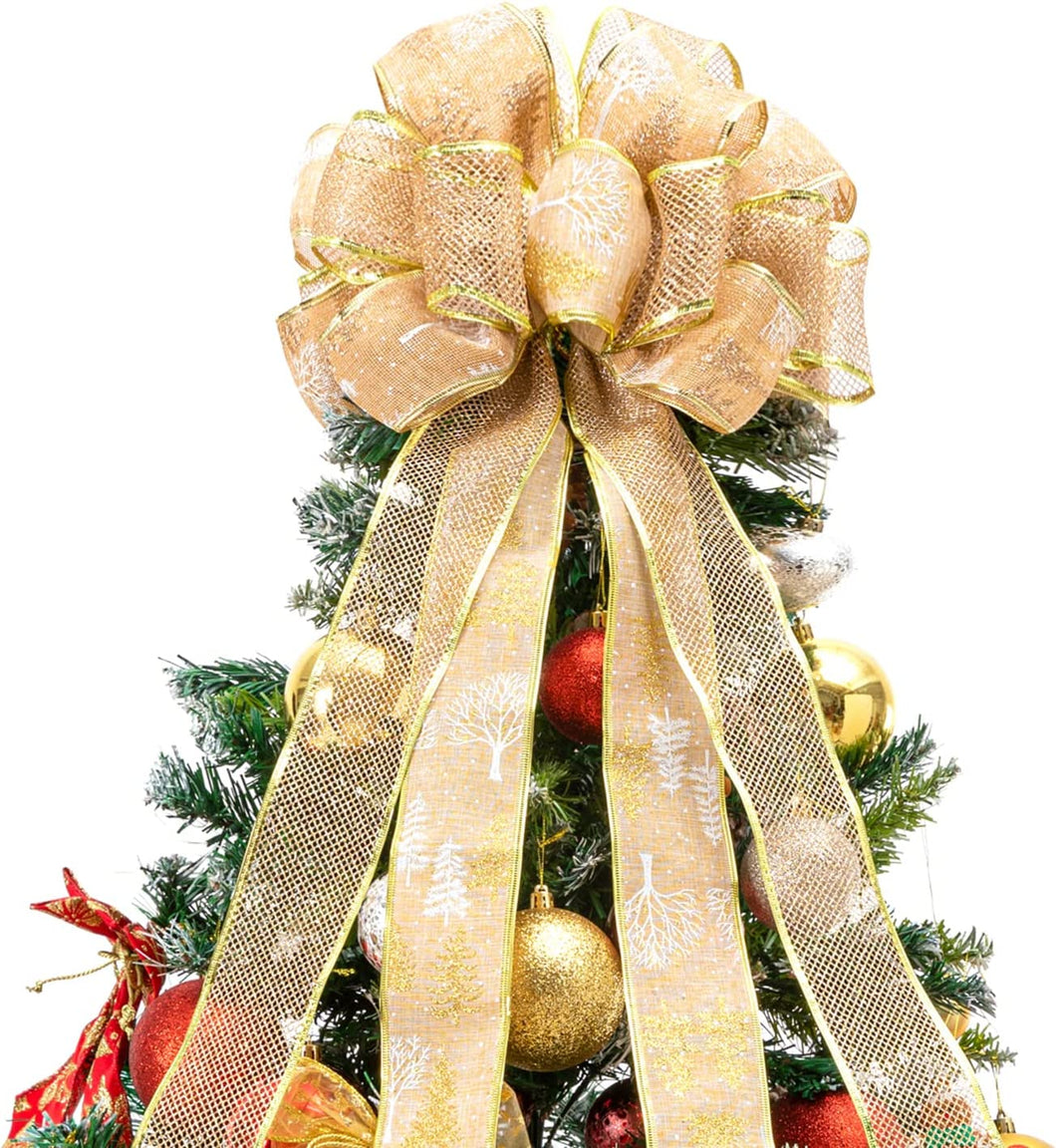 Christmas Tree Topper, Christmas Tree Bow Topper 43x13 Inches Large Toppers Gift Bow Tree Topper Bow Handmade Decoration for Wreaths Tree Toppers (Gold Snow Double Side Bow)