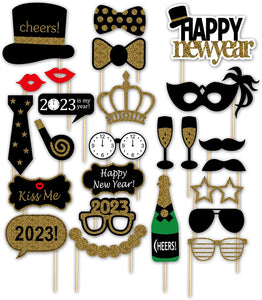 7-gost 2023 Happy New Year's Eve Party Photo Booth Props Supplies with Photo Frame(Pack of 26)