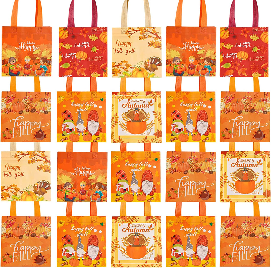 24 pcs Fall Non-Woven Bags Thanksgiving Day Gift Bags,Thanksgiving Day Tote Bags with Handles, Thank You Autumn Pumpkin Turkey Gnome Shopping Bags, Reusable Non-woven Gift Bags for Thanksgiving Party Supplies (Orange)