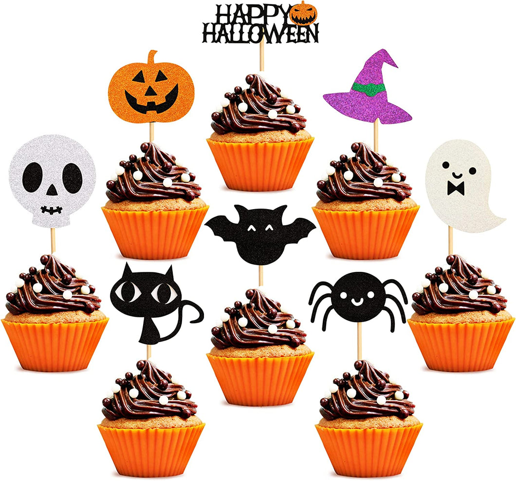 32 pcs Halloween Ghost Boo Glitter Cupcake Toppers Ghost Boo 32 Pack Cupcake Topper muffin for Halloween, Birthday Decoration Party Supply(Witch Hat)