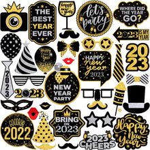 Load image into Gallery viewer, New Years Eve Photo Booth Props 2023 - Pack of 35, Happy New Year Decorations 2023 | New Year Photo Booth Props 2023 for New Years Eve Party Supplies 2023 | New Years Eve Props | NYE Decorations 2023