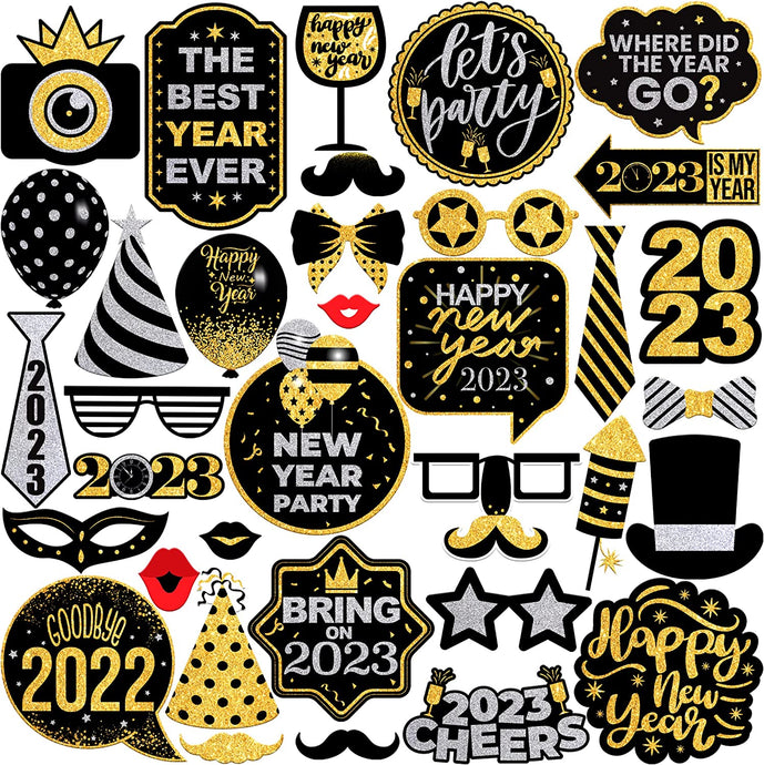 New Years Eve Photo Booth Props 2023 - Pack of 35, Happy New Year Decorations 2023 | New Year Photo Booth Props 2023 for New Years Eve Party Supplies 2023 | New Years Eve Props | NYE Decorations 2023