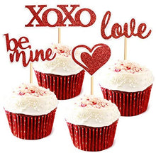 Load image into Gallery viewer, 32 PCS Glitter Red Heart Love XOXO Be Mine Cake Toppers Picks for Sweet Love Theme Wedding Engagement,Valentine&#39;s Day Bridal Shower Party Cake Decors