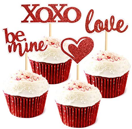 32 PCS Glitter Red Heart Love XOXO Be Mine Cake Toppers Picks for Sweet Love Theme Wedding Engagement,Valentine's Day Bridal Shower Party Cake Decors